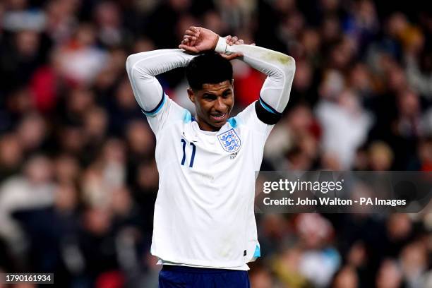 England's Marcus Rashford walks off the field after being substituted during the UEFA Euro 2024 Qualifying Group C match at Wembley Stadium, London....