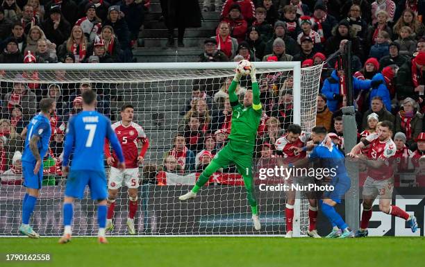 Kasper Schmeichel controls the ball during a Group H EURO 2024 Qualification game, Denmark versus Slovenia, at Parken, Copenhagen, Denmark on...