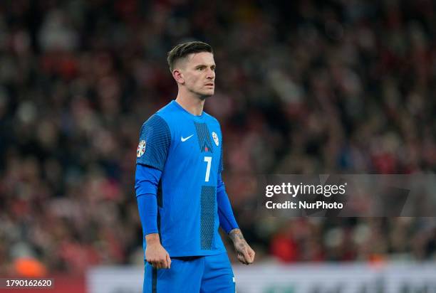 Benjamin Verbic looks on during a Group H EURO 2024 Qualification game, Denmark versus Slovenia, at Parken, Copenhagen, Denmark on November 17, 2023.