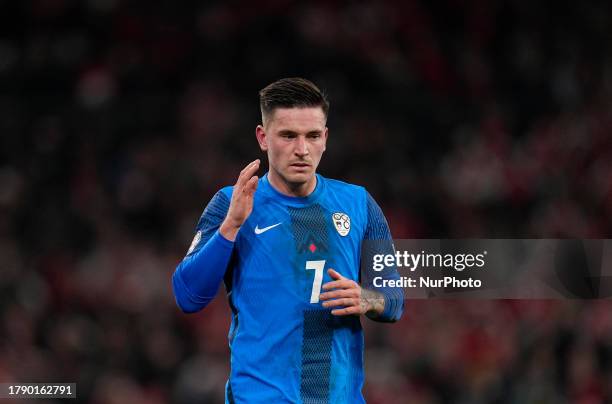 Benjamin Verbic gestures during a Group H EURO 2024 Qualification game, Denmark versus Slovenia, at Parken, Copenhagen, Denmark on November 17, 2023.