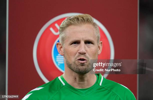 Kasper Schmeichel looks on during a Group H EURO 2024 Qualification game, Denmark versus Slovenia, at Parken, Copenhagen, Denmark on November 17,...