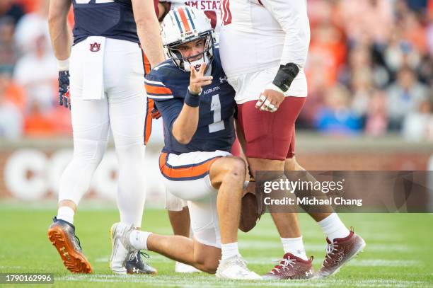 Quarterback Payton Thorne of the Auburn Tigers celebrates after a big play during the first half of their game against the New Mexico State Aggies at...