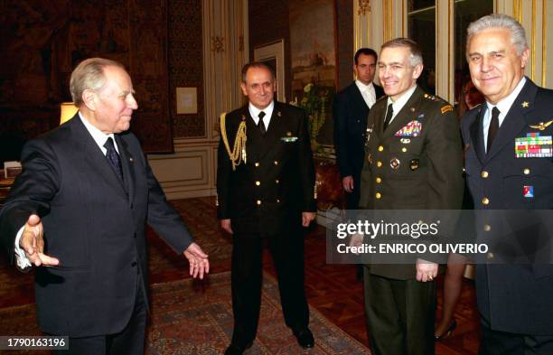 Italian President Carlo Azeglio Ciampi welcomes supreme commander of Allied Forces in Europe, US general Wesley Clark , flanked by Chief of Staff of...