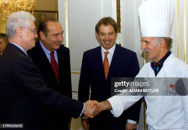 France's Prime Minister Lionel Jospin, left, and President Jacques Chirac 2nd left, meet Swiss chef Anton Mossiman, right, as Britain's Prime...