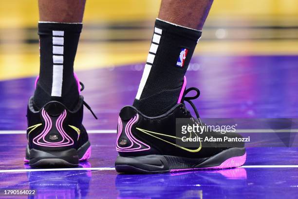 The sneakers worn by LeBron James of the Los Angeles Lakers during the game against the Memphis Grizzlies during the In-Season Tournament on November...
