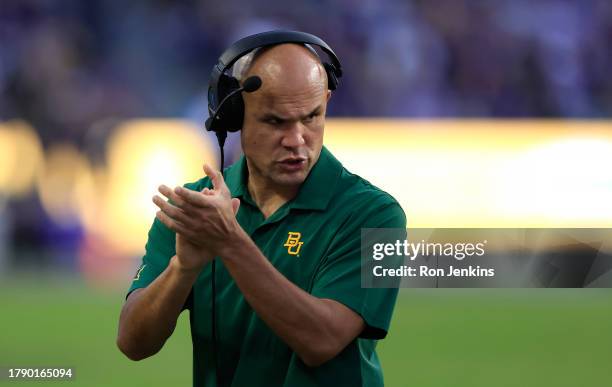 Head coach Dave Aranda of the Baylor Bears walks the sideline as Baylor takes on TCU Horned Frogs during the second half at Amon G. Carter Stadium on...