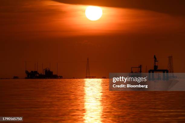 Oil rigs on lake Maracaibo in Cabimas, Zulia state, Venezuela, on Friday, Nov. 17, 2023. A decision by the US on Oct. 18 to ease sanctions in...