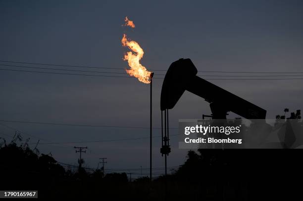 Petroleos de Venezuela SA oil pumpjack on Lake Maracaibo in Cabimas, Zulia state, Venezuela, on Wednesday, Nov. 15, 2023. A decision by the US on...