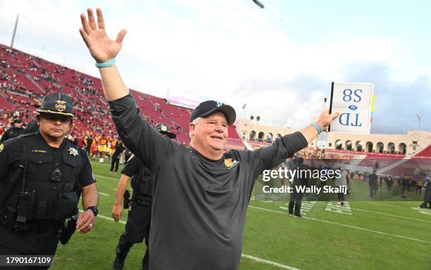 Los Angeles, CA UCLA's Chip Kelly celebrates his win over USC at Memorial Coliseum on Saturday, Nov. 18 in Los Angeles, CA.