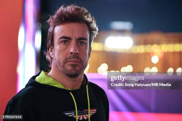Fernando Alonso of Spain and Aston Martin Aramco Cognizant F1 Team arrives at the track during the F1 Grand Prix of Las Vegas at Las Vegas Strip...