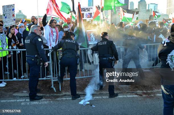 Pro-Palestinian demonstrators hold a rally near Buckingham Fountain on Nov. 18 in Chicago, USA. Protestors and Chicago police clashed onto DuSable...