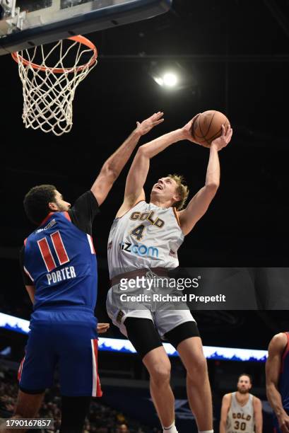 November 18: Hunter Tyson of the Grand Rapids Gold drives to the basket during the game against the Motor City Cruise on November 18, 2023 at the Van...