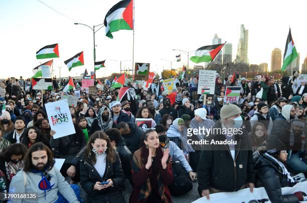 Pro-Palestinian demonstrators hold a rally near Buckingham Fountain on Nov. 18 in Chicago, USA. Protestors and Chicago police clashed onto DuSable...