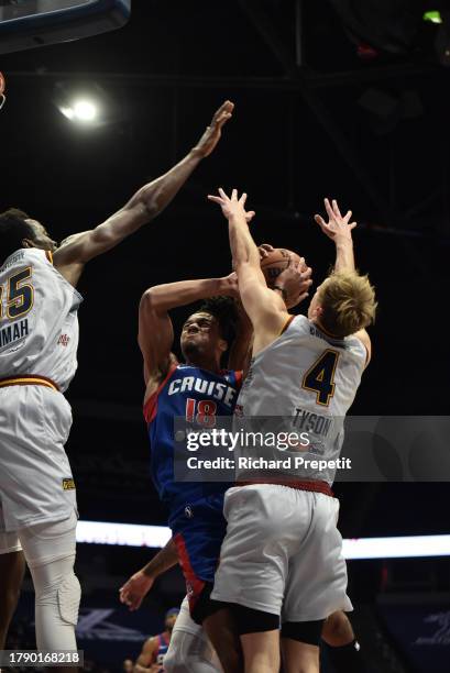 November 18: Tosan Evbuomwan of the Motor City Cruise goes to the basket during the game against the Grand Rapids Gold on November 18, 2023 at the...