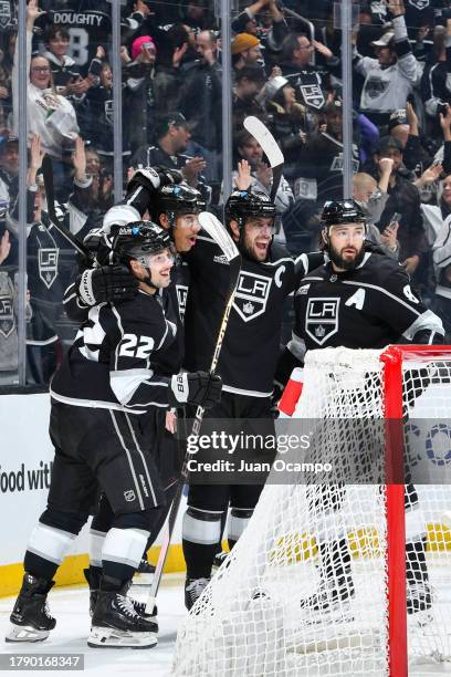 Quinton Byfield of the Los Angeles Kings celebrates his goal with teammates during the first period against the St. Louis Blues at Crypto.com Arena...