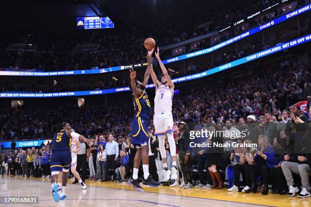 Chet Holmgren of the Oklahoma City Thunder scores the game tying shot during the game against the Golden State Warriors on November 18, 2023 at Chase...