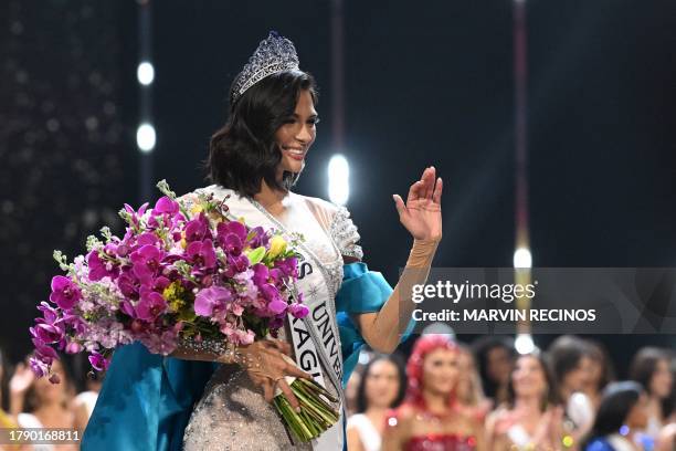 The newly crowned Miss Universe 2023, Sheynnis Palacios from Nicaragua, waves after winning the 72th edition of the Miss Universe pageant, in San...