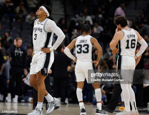 Keldon Johnson of the San Antonio Spurs walks away after losing to the Memphis Grizzlies at Frost Bank Center on November 18, 2023 in San Antonio,...