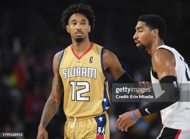 Leaky Black of the Greensboro Swarm looks for the ball during the game against the Raptors 905 on November 18, 2023 at The Novant Health Fieldhouse...