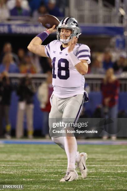 Kansas State Wildcats quarterback Will Howard throws a pass late in the fourth quarter of a Big 12 football game between the Kansas State Wildcats...