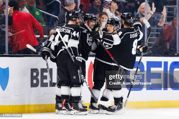 Los Angeles Kings defenseman Mikey Anderson , Los Angeles Kings left wing Kevin Fiala , Los Angeles Kings center Trevor Moore and Los Angeles Kings...