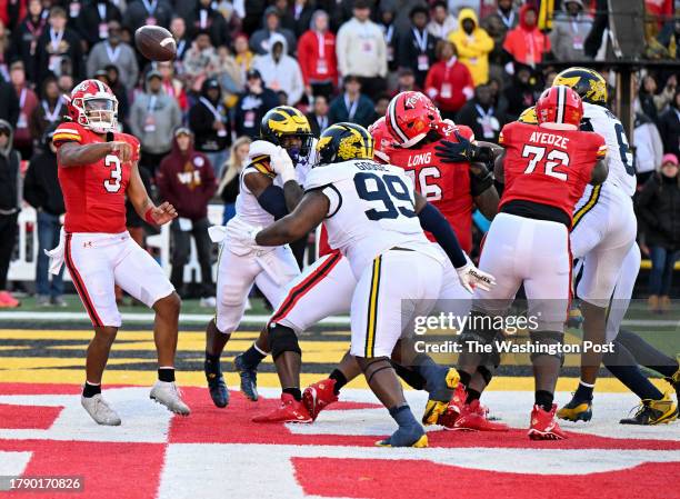 Maryland quarterback Taulia Tagovailoa is flagged for intentional grounding on this pass from the end zone that resulted in a safety during fourth...