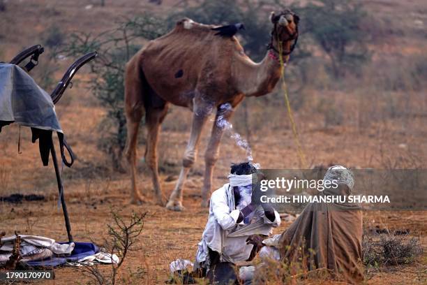 Camel herders rest beside a camel on the eve of the annual Camel Fair at Pushkar in India's desert state of Rajasthan on November 19, 2023.