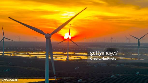 Wind turbine blades rotate in the tidal flat in Yancheng city, Jiangsu province, China, November 18, 2023.