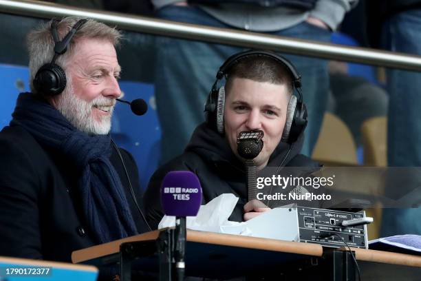 Ex Hartlepool Manager Craig Hignett and BBC Commentator Rob Law during the Vanarama National League match between York City and Hartlepool United at...