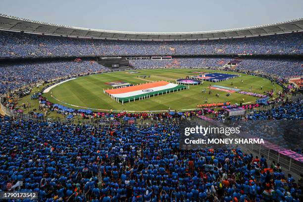 The national flags of India and Australia are displayed before the start of the 2023 ICC Men's Cricket World Cup one-day international final match...