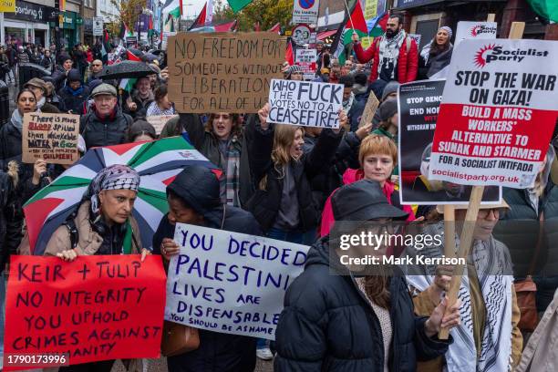 Image contains profanity) Hundreds of pro-Palestinian protesters march through the constituency of Labour Party leader Keir Starmer to call for a...