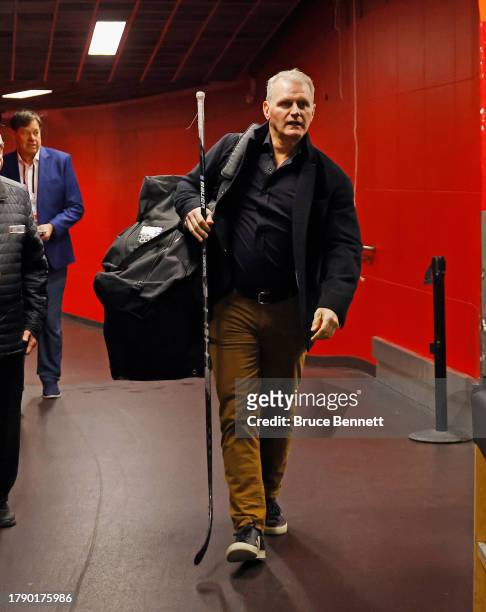 Vincent Damphousse arrive for the Hockey Hall of Fame Legends Classic Game at Air Canada Centre on November 12, 2023 in Toronto, Ontario, Canada.