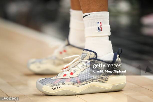 The shoes worn by Russell Westbrook of the LA Clippers are seen during the game against the Memphis Grizzlies at Crypto.com Arena on November 12,...