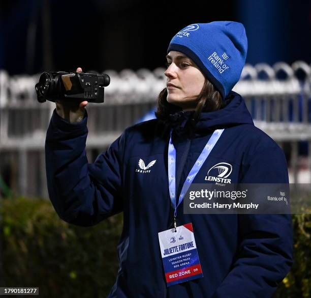 Dublin , Ireland - 18 November 2023; Leinster assistant performance analyst Juliette Fortune during the United Rugby Championship match between...