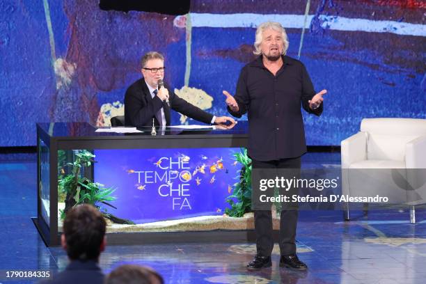 Fabio Fazio and Beppe Grillo attend "Che Tempo Che Fa" Tv Show on November 12, 2023 in Milan, Italy.