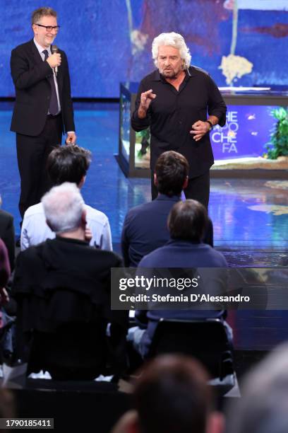 Fabio Fazio and Beppe Grillo attend "Che Tempo Che Fa" Tv Show on November 12, 2023 in Milan, Italy.