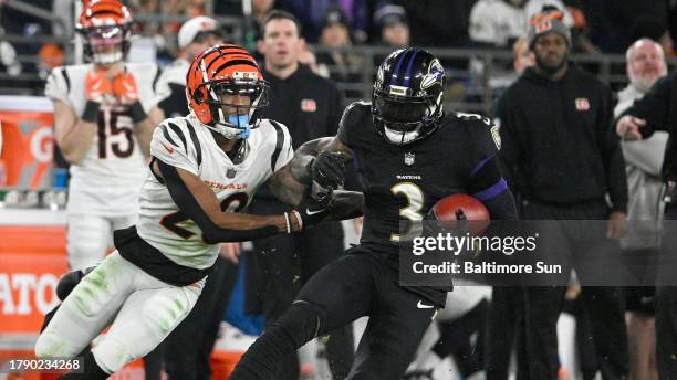 Ravens wide receiver Odell Beckham Jr. Runs after the catch for a big gain in the fourth quarter against the Bengals. Beckham has 10 catches for 212...