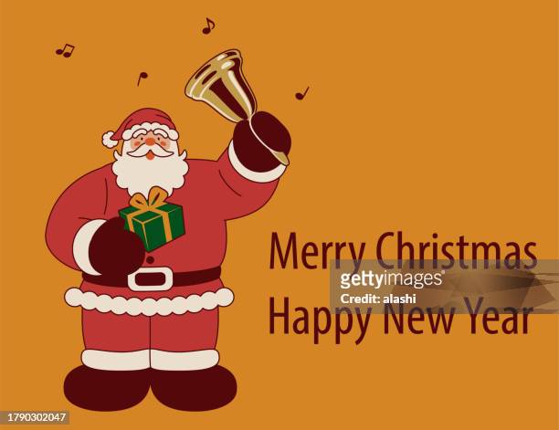 santa claus carrying christmas presents rings a jingle bell and wishes you a merry christmas and a happy new year - tache sang stock illustrations