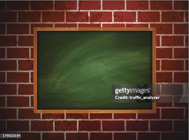 green chalkboard over brickwall - classroom wall stock illustrations