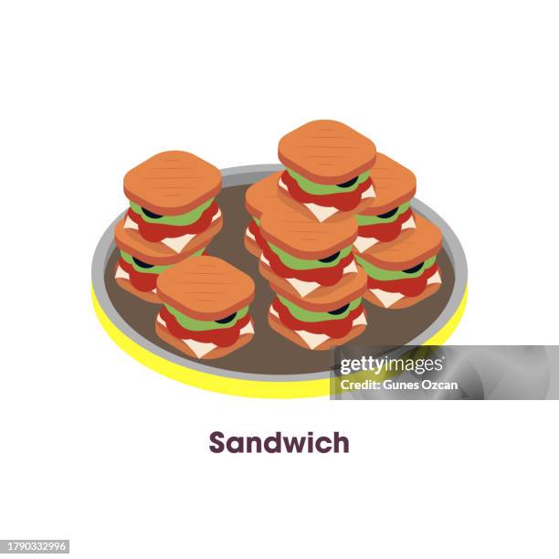 3d isometric vector icon - regional food - american food - three dimensional - restaurant - catering - party - thanksgiving - holiday - christmas tradition - turkey sandwich - deli turkey stock illustrations