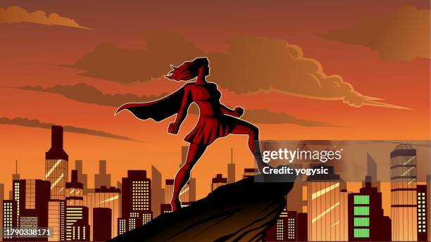 街のベクトル女性スーパーヒーローの強いポーズのシルエット ストックイラストレーション - cityscape stock illustrations点のイラスト素材／クリップアート素材／マンガ素材／アイコン素材
