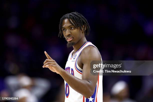 Tyrese Maxey of the Philadelphia 76ers reacts during the fourth quarter against the Indiana Pacers at the Wells Fargo Center on November 12, 2023 in...