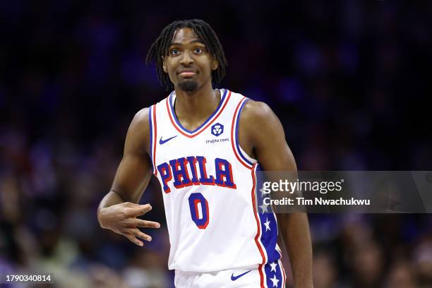 Tyrese Maxey of the Philadelphia 76ers reacts after scoring during the second quarter against the Indiana Pacers at the Wells Fargo Center on...