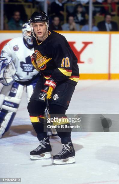 Pavel Bure of the Vancouver Canucks skates on the ice during an NHL game against the Toronto Maple Leafs on January 6, 1993 at the Maple Leaf Gardens...