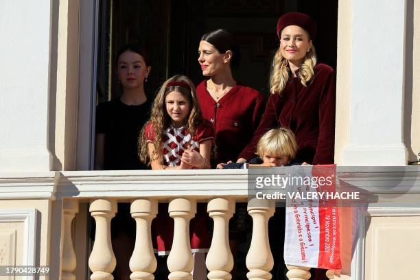 Alexandra of Hanover, India Casiraghi, Charlotte Casiraghi, Stefano Ercole Carlo Casiraghi, and Beatrice Borromeo, look out from the balcony of the...