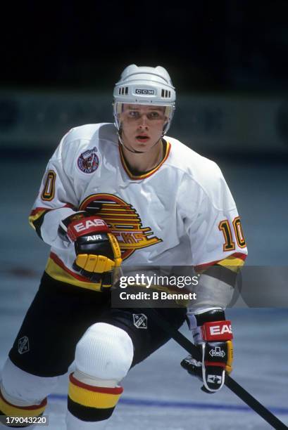 Pavel Bure of the Vancouver Canucks skates on the ice during an NHL game against the Winnipeg Jets on March 18, 1993 at the Pacific Coliseum in...