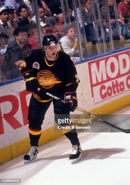 Pavel Bure of the Vancouver Canucks skates on the ice during Game 1 of the 1994 Stanley Cup Finals against the New York Rangers on May 31, 1994 at...