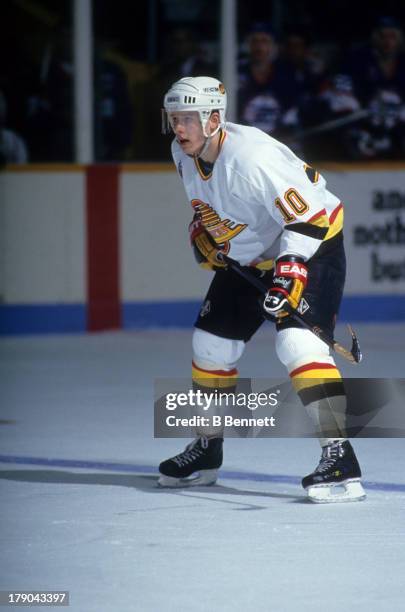 Pavel Bure of the Vancouver Canucks skates on the ice during an NHL game against the Winnipeg Jets on March 18, 1993 at the Pacific Coliseum in...