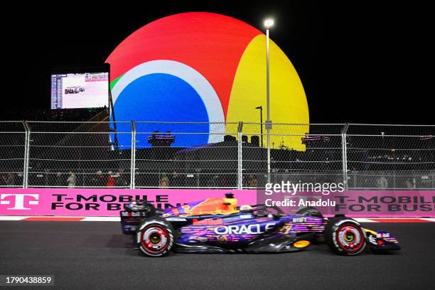 Max Verstappen of Oracle Red Bull Racing F1 team wins F1 Grand Prix of Las Vegas at Las Vegas Strip Circuit as the Sphere, the spherical music and...