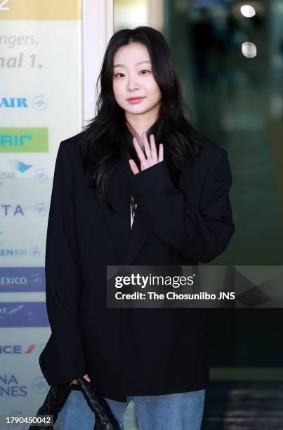 South Korean actress Kim Da-mi is seen leaving Incheon International Airport for Bottega Veneta Summer 24 Show on September 22, 2023 in Incheon,...